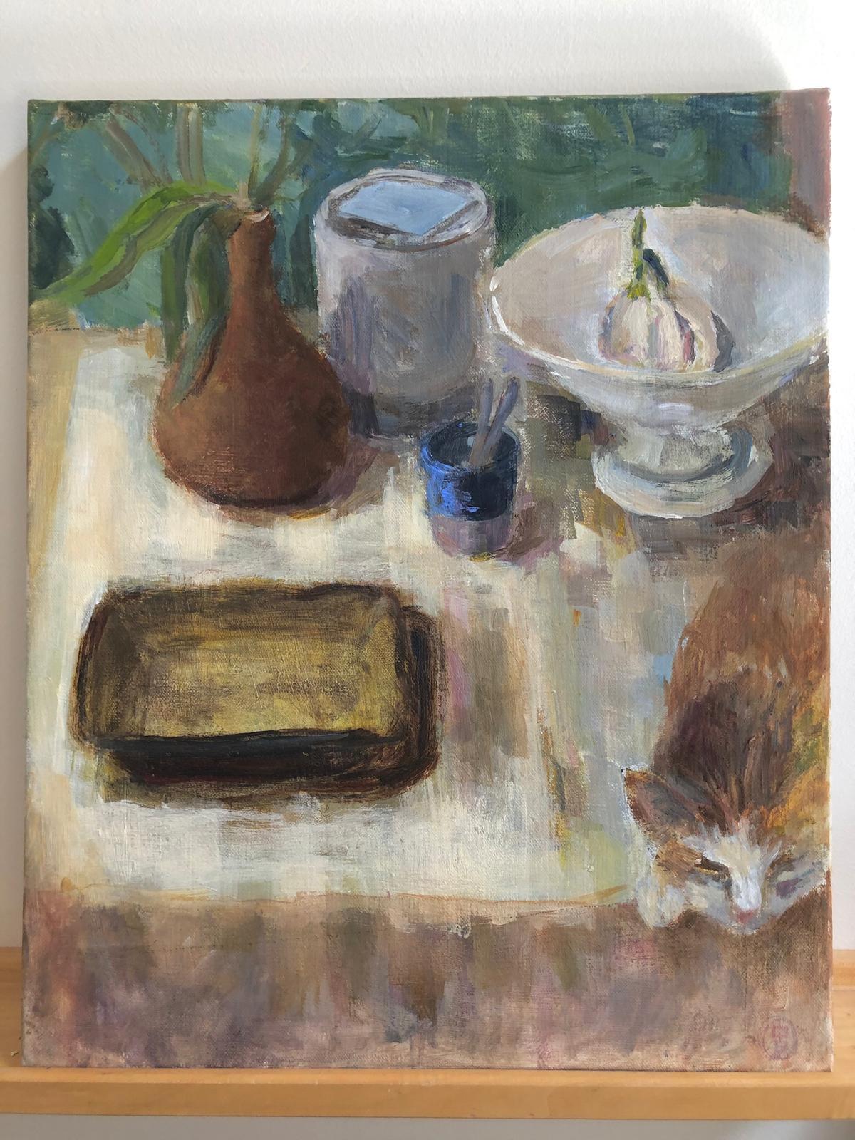 still life with cat - acryllic sur lin - 475